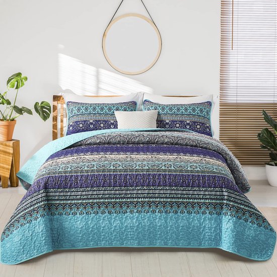 VIVILINEN Gewatteerde Spreiset, 3 Stuks Omkeerbare Patchwork Dekbedden Zacht Geborsteld Microvezel Dubbel Kingsize Dekbed Met 2 Kussenslopen Bruin Kingsize 220x240 Cm