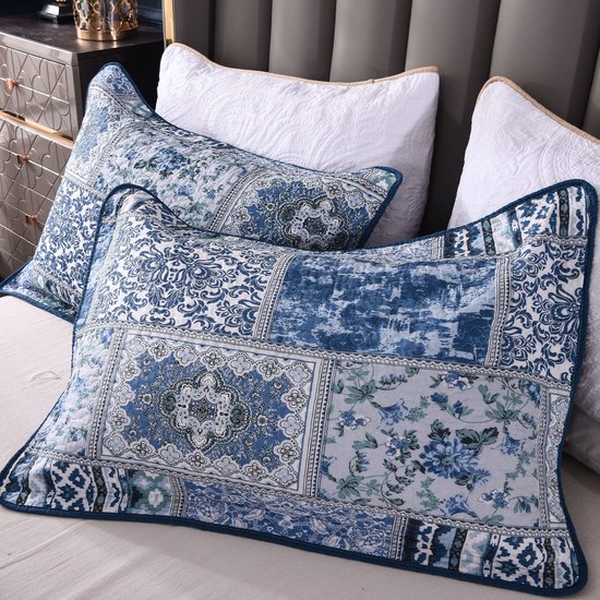 Qucover Bedspread 250x270cm, Patchwork Deken Voor De Zomer Van Katoen En Polyester Oversized Gewatteerde Deken In Vintage Retrostijl Blauw Met Kussenset