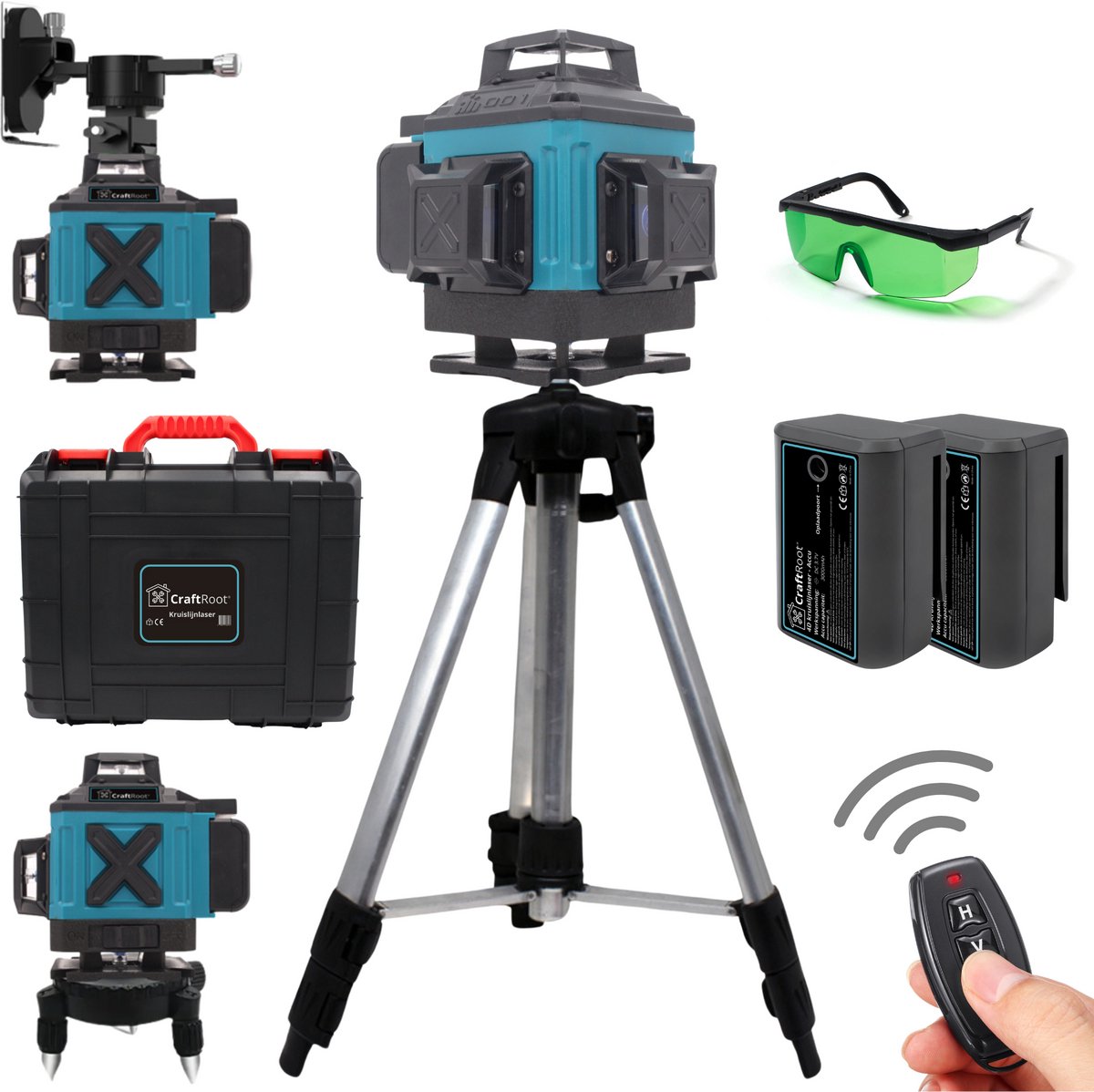 CraftRoot 4D Kruislijnlaser - 16 Lijnen - Zelfnivellerend - 50m Bereik - Inclusief 1.5m Statief & Koffer