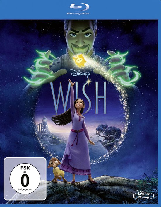 De Blu-ray cover van Disney's Wish toont Asha en Star voor een magische achtergrond, met de schurk Magnifico op de achtergrond.