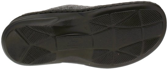 Onderkant van een donkergrijze Finn Comfort slipper van vilt, met een zwarte buitenzool met profiel.