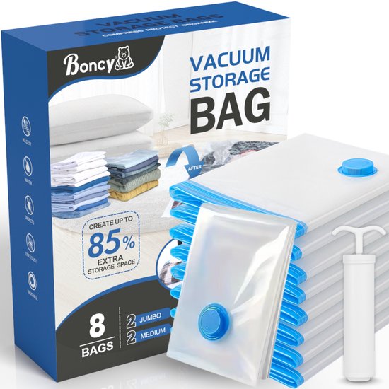 Boncy® Premium Vacuumzakken Kleding & Dekbedden - Reiszakken Herbruikbaar met Pomp - Set van 8 stuks / 4 maten - Vacumeerzakken voor Reis Koffer - Vacuum Opbergzakken xxl