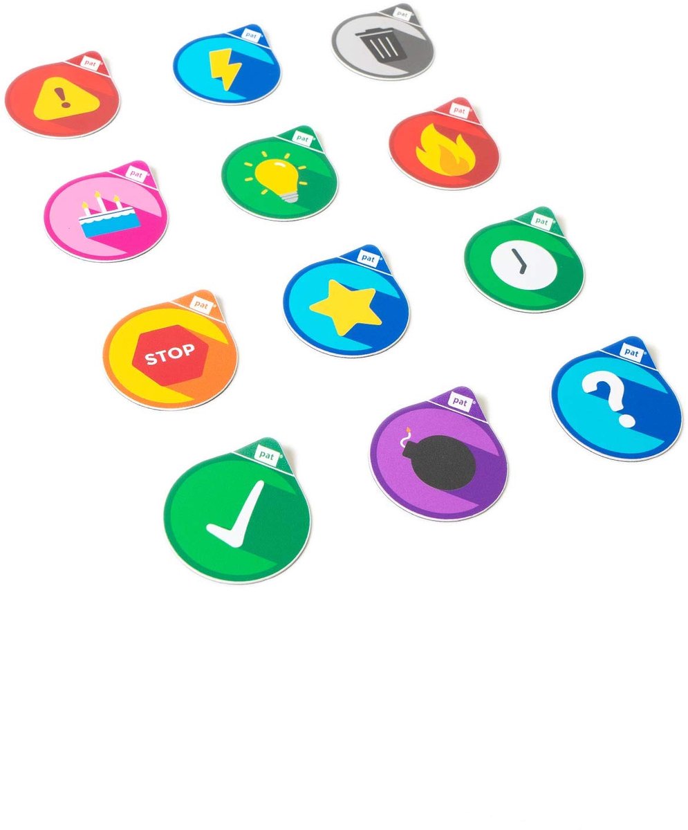 PATboard Lean Icon Magneten - 5 cm, Set van 12 - Vinkje, Ster, Prullenbak, Vraagteken, Donder, Idee, Bom, Klok, Waarschuwing, Stop, Vieren & Vuur Symbool - Magnetische Statussymbolen voor Kantoor, Whiteboard