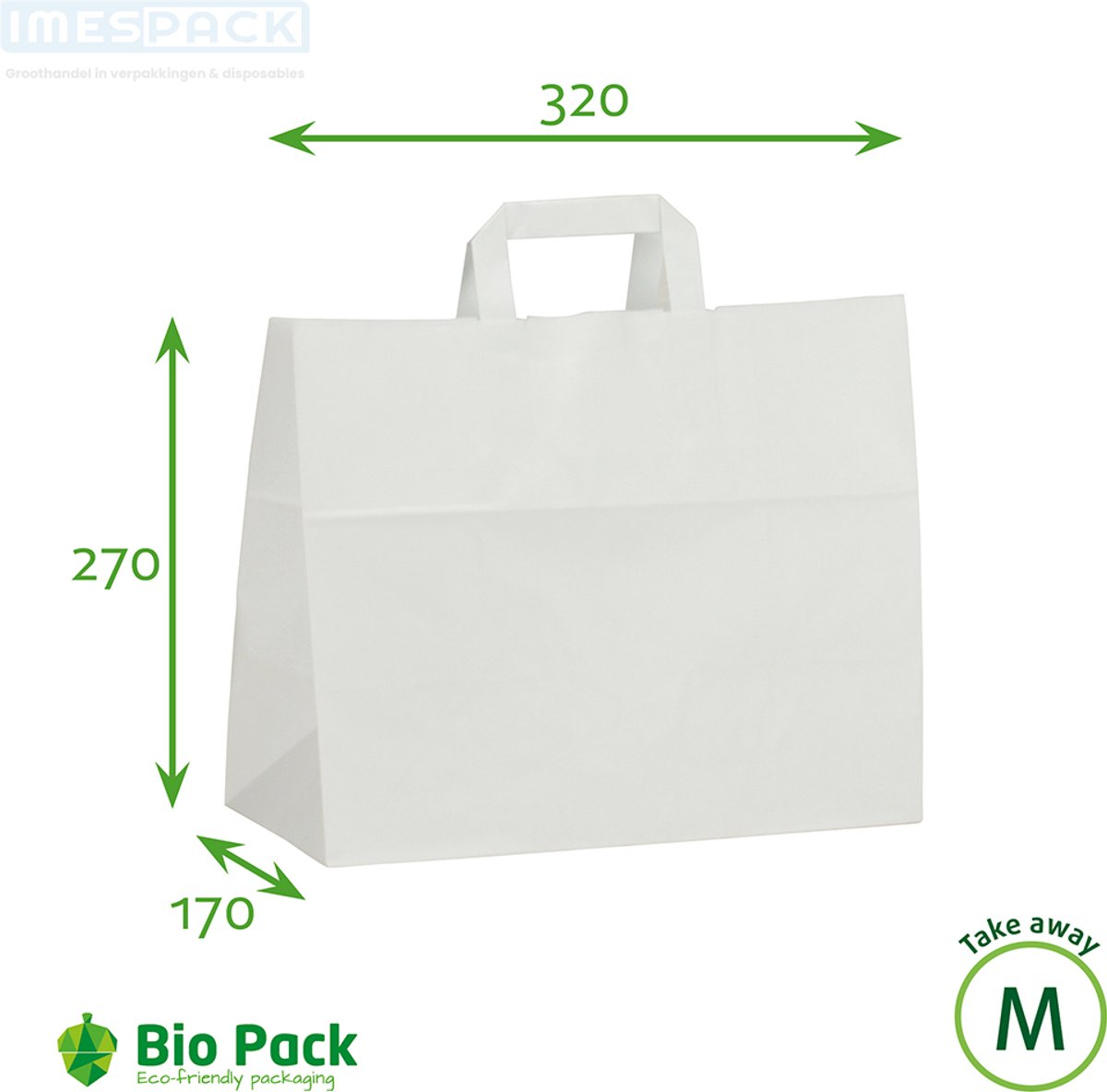 Draagtas papier - 50 stuk - Groot - Wit - Kraft - 32+17x27cm - IMES