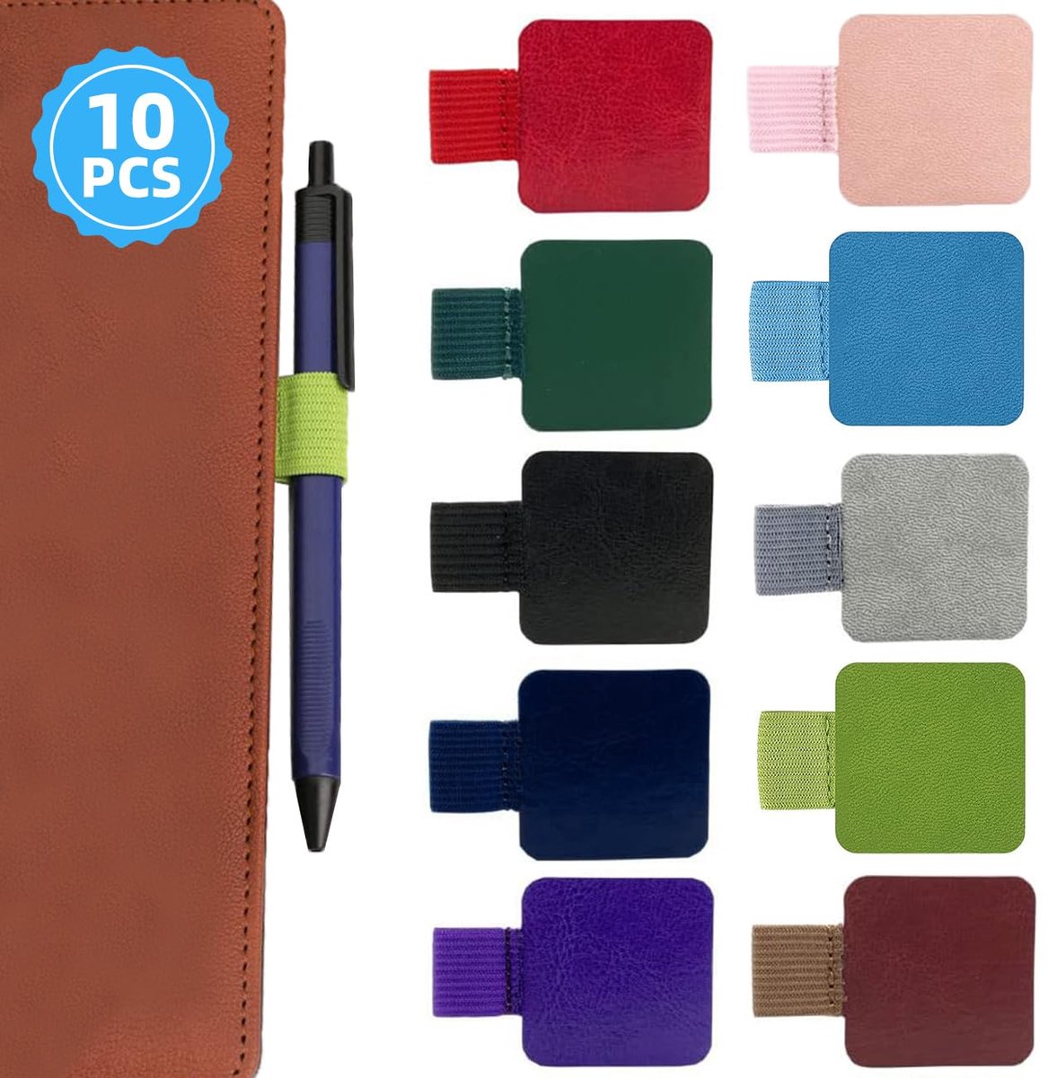 Zelfklevende Elastische Pennenlus - Leren Penhouder voor Notitieboek Kalender Tablet Potlood - 10 stuks, Rood Roze Paars Blauw Groen Zwart Grijs Bruin