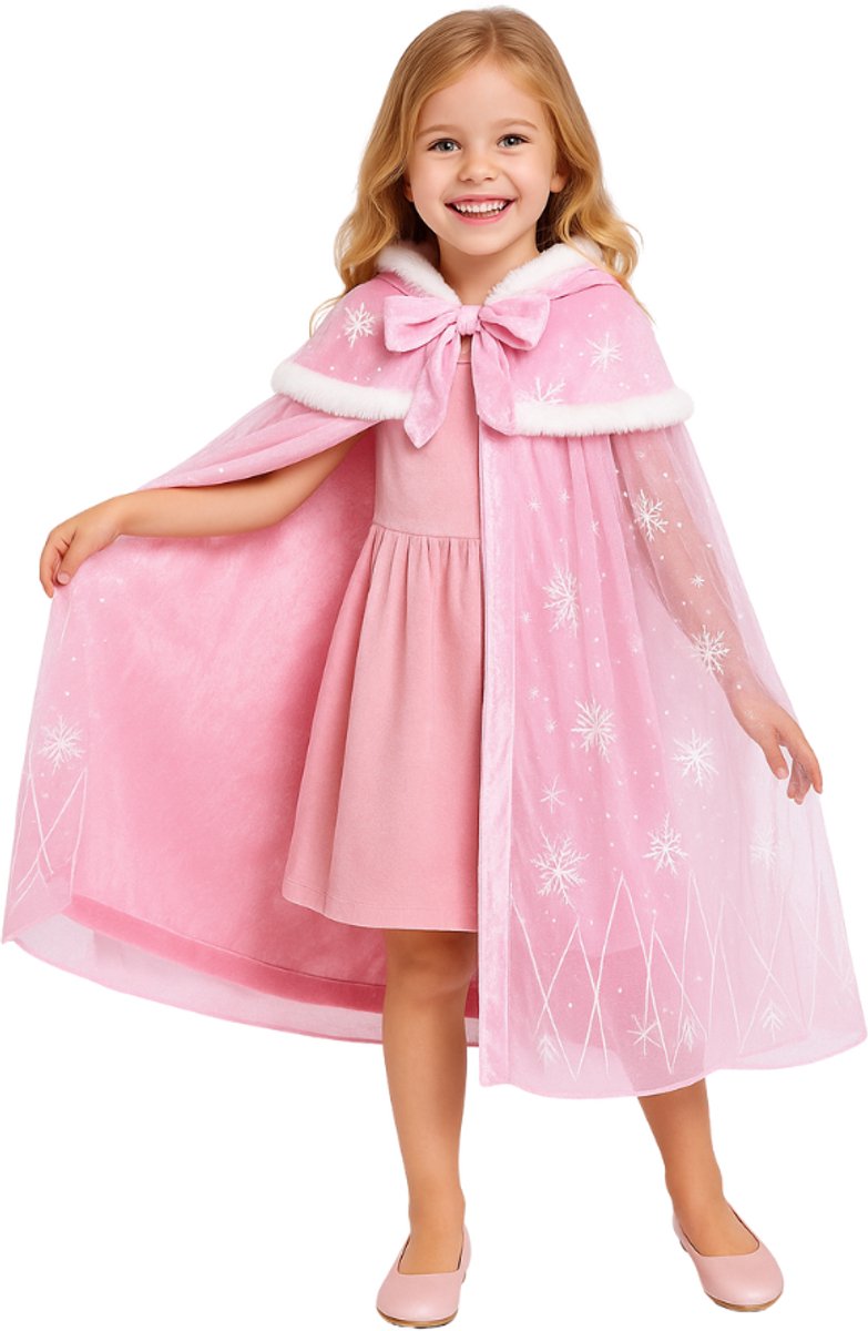 Joya Kids® | Luxe Winter Prinsessen Cape | Roze witte sneeuw & glitters | IJskoningin cape capuchon | Verkleedcape | 76 cm | Winter kostuum | Luxueuze Uitvoering