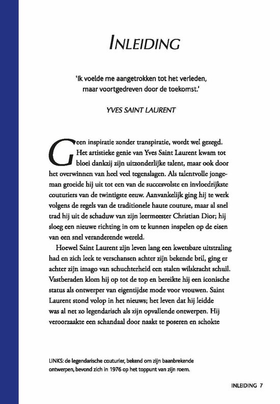 Tekstpagina met titel 'Inleiding' en citaat van Yves Saint Laurent.