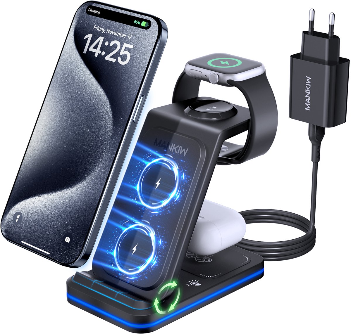 3-in-1 inductielader - Draadloos oplaadstation - Opvouwbaar - 18W - Compatibel met iPhone en Apple Watch, AirPods
