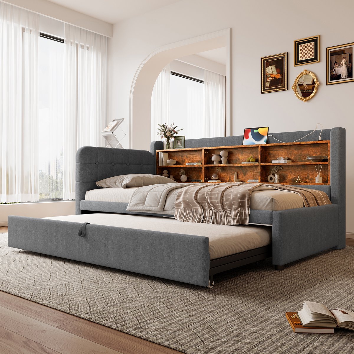 Merax Slaapbank 90x200cm (180x200 cm) - uitschuifbaar bed - USB Type-C - meerdere planken - zonder matras - grijs
