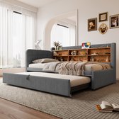 Slaapbank 90x200cm (180x200 cm) - uitschuifbaar bed - USB Type-C - meerdere planken - zonder matras - grijs