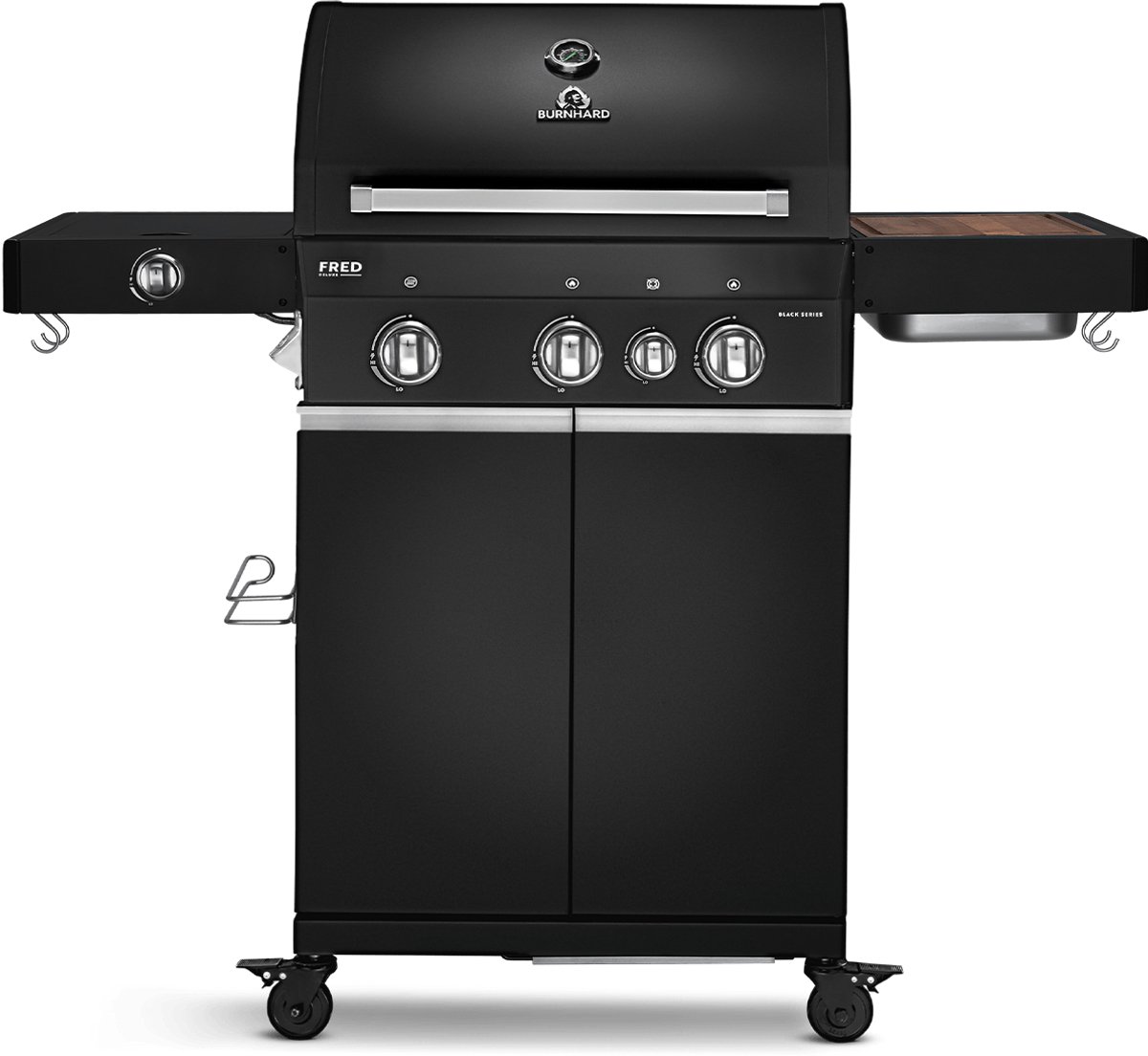 BURNHARD® 3 Branders gasbarbecue FRED Deluxe BLACK Series 3 incl. achterbrander, keramische 900°C infraroodbrander, zijkookplaat, RVS grillrooster + uitklapbare zijtafels