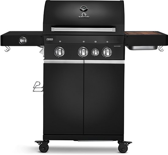 BURNHARD® 3 Branders gasbarbecue FRED Deluxe BLACK Series 3 incl. achterbrander, keramische 900°C infraroodbrander, zijkookplaat, RVS grillrooster + uitklapbare zijtafels