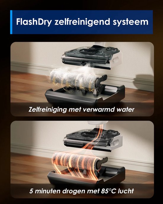 Illustratie van het FlashDry zelfreinigend systeem met warme lucht, 5 minuten drogen op 85°C.