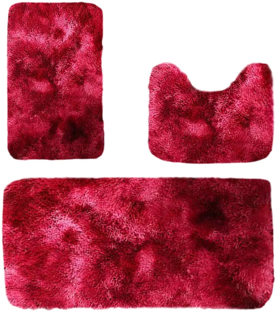 Badkamer Matten Set - Dikke Zachte Antislip Badmat - Absorberend & Reukloos - Voor Douche, Toilet, Deur - Wasbaar Vloerkleed - Wijnrood- 3 Stuks