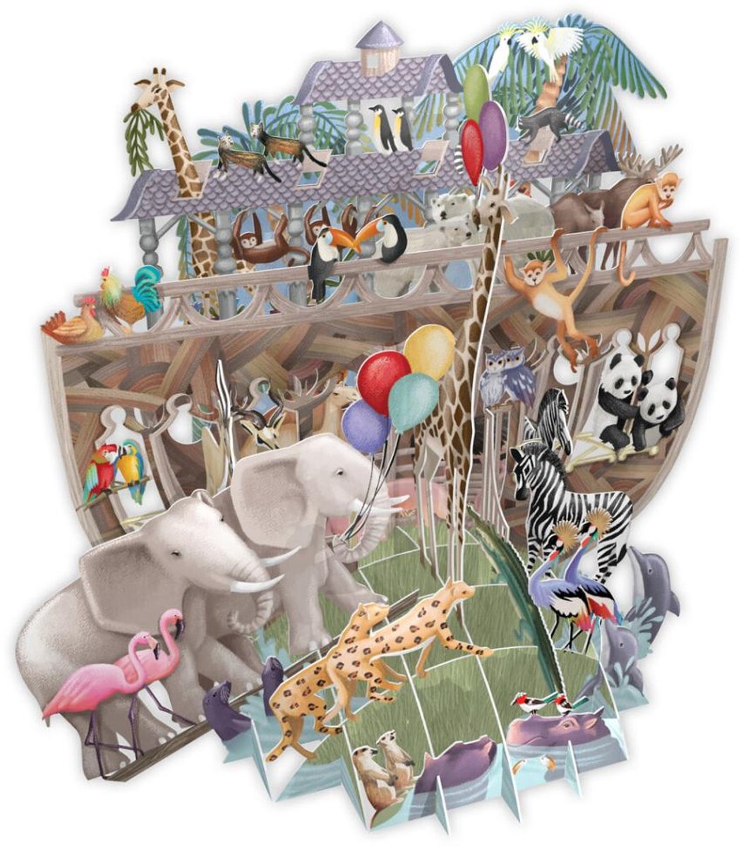 3D Wenskaart Noah's Ark – Laser Cut Pop-Up Kaart met Envelop – 16,5 x 16,5 cm – Verjaardag / Geboorte / Bijzonder Moment
