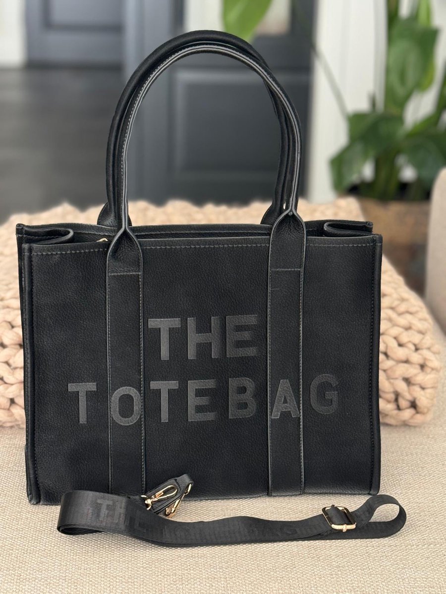 Damestas - Zwart - The Tote Bag XL - 39 x 31 cm - Laptop - Schooltas - Rits - Vakken - Brede riem met tekst - 39 x 31 cm