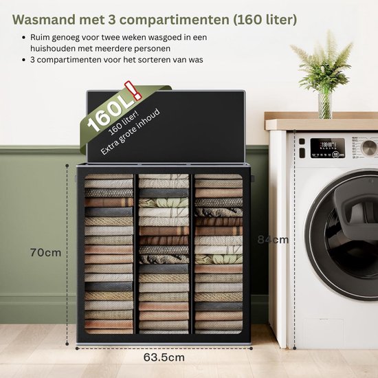 Panier à Linge 3 Compartiments Coulissants 76x103x38cm Noir - Meuble Linge Sale Avec 3 Corbeilles Métal Polyester MDF