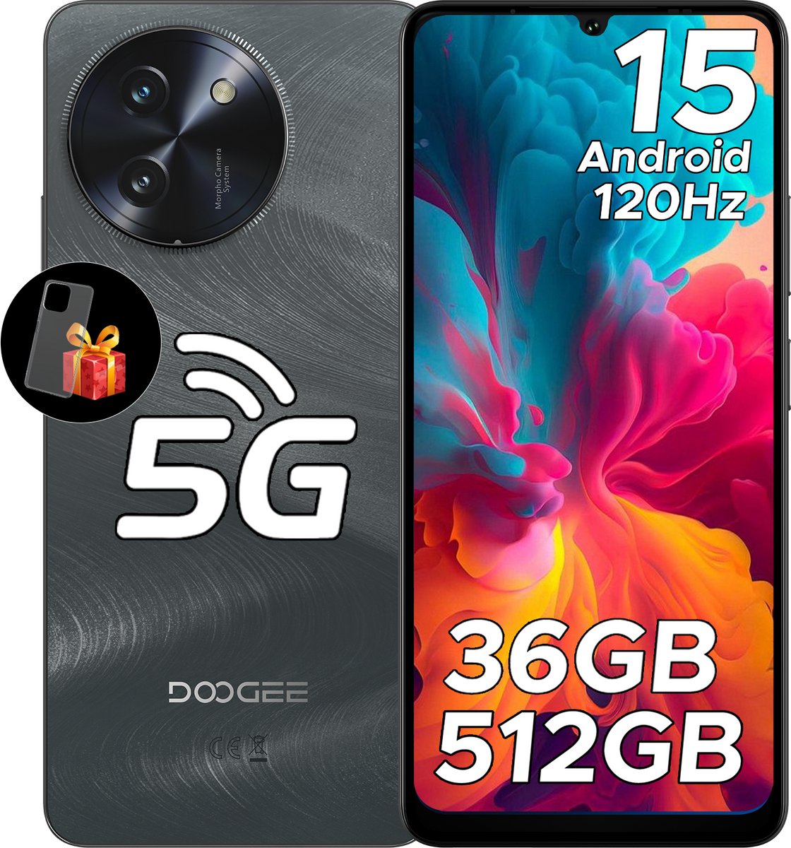DOOGEE Note59 Pro+ 5G - Mobiele telefoon - Smartphone - 36 GB RAM+ 512 GB ROM - Android 15 - 6,75 in HD+ 120 Hz - 6250mAh/18W - UNISOC T8200 - Camera 50 MP - Face ID - GPS - Zwart
