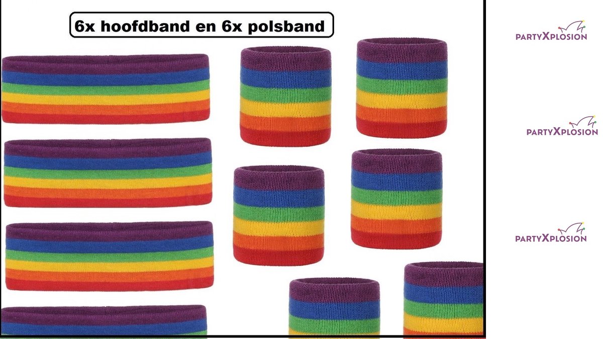 6x Zweetband pols en 6x zweetband hoofd rainbow - Regenboog Zweetband pols band fitness festival gay pride regenboog thema feest