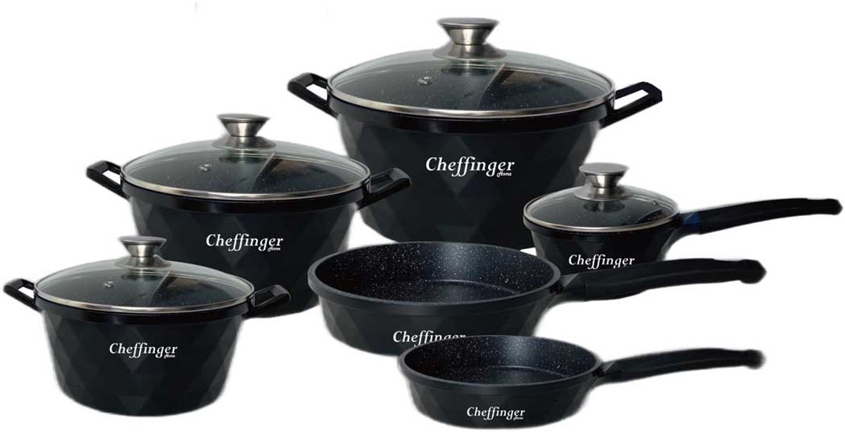 Cheffinger Pannenset - 12-delig - Zwart - Inductie - Met Glazen Deksels