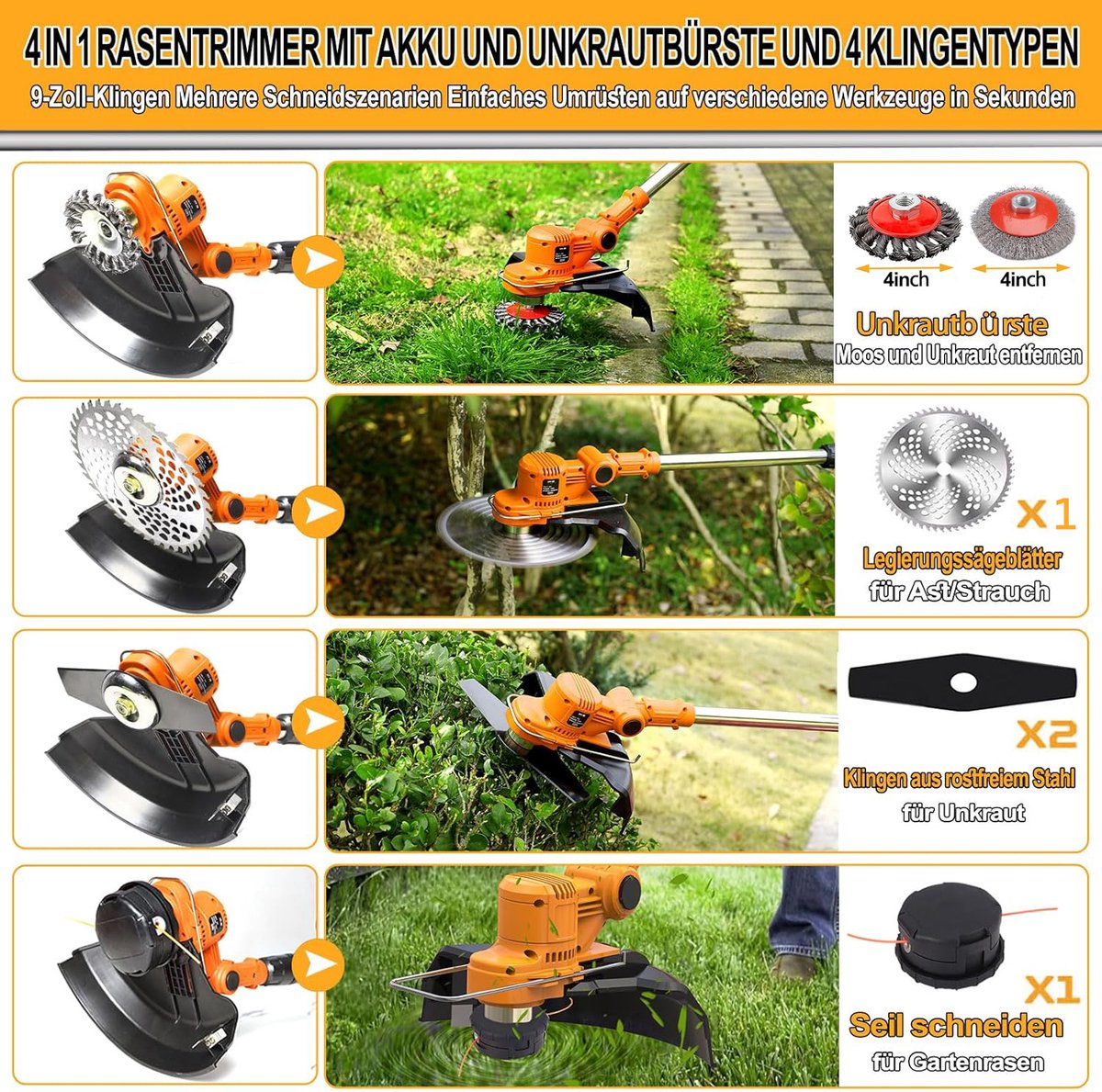 Traumheim Accu Grasmaaier - Elektrische Grastrimmer met 2x 4.0Ah Accu & Lader - Onkruidwieder voor Tuinonderhoud - Inclusief Onkruidborstel & Voegenborstel - 750W Accu Grasmaaier - Oranje – foto 2