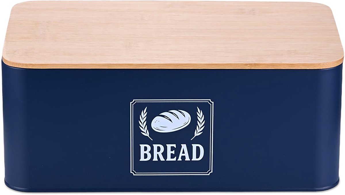 Broodtrommel aanrecht - 13,5 x 33 x 19 cm - metaal - bamboe deksel - blauw