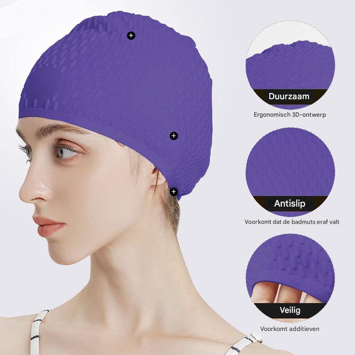 TuseRxln Badmuts Dames - Swimming Cap - Waterdicht en Elastisch - 1 - Voor Dames, Lila — afbeelding 3