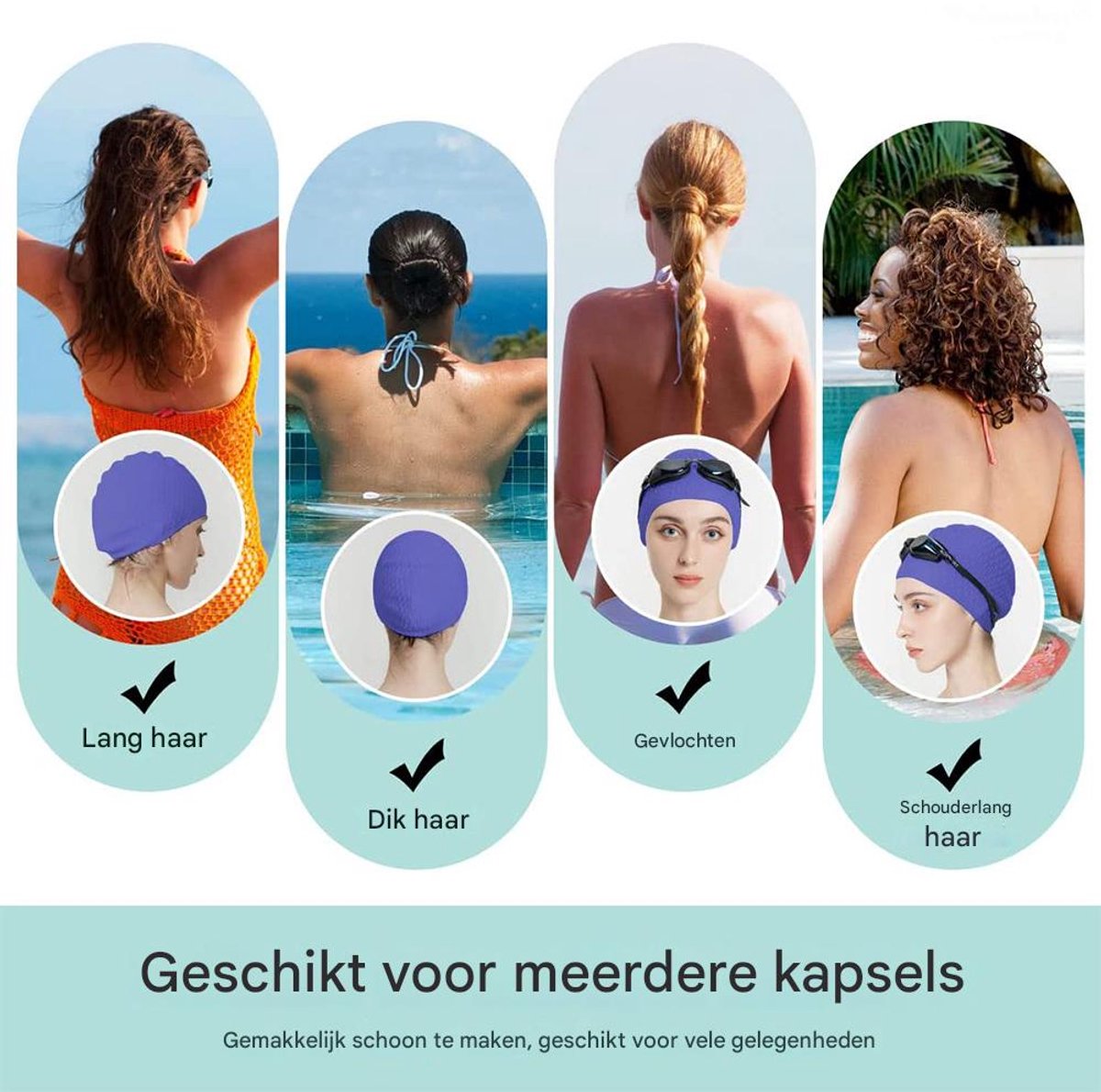 TuseRxln Badmuts Dames - Swimming Cap - Waterdicht en Elastisch - 1 - Voor Dames, Lila — afbeelding 5