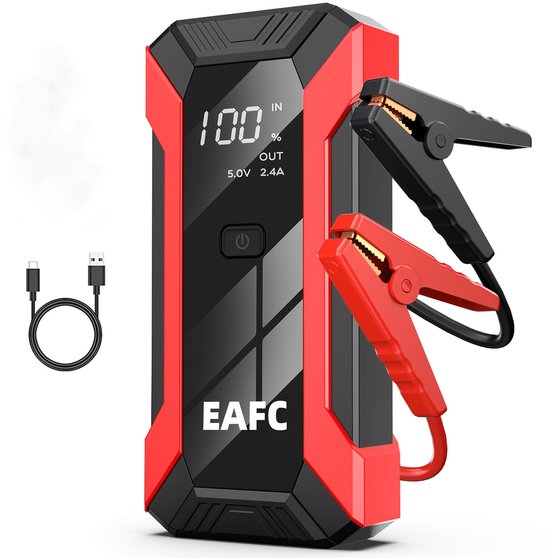 EAFC 12V Jumpstarter voor Auto – 1200A / 10000 mAh – 4-in-1 starthulp draagbare noodstartlader benzine auto powerbank booster accu startapparaat– Rood