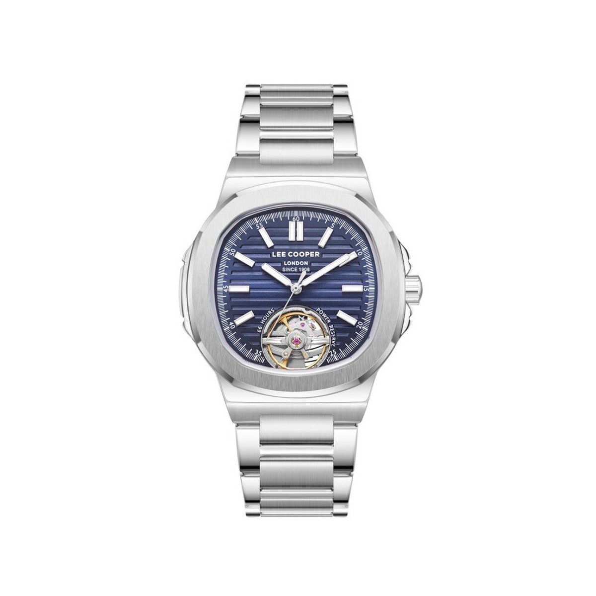 Lee Cooper LC08227.390 - Horloge - Polshorloge - Analoog - Automatisch - Mannen - Heren - Stalen band - Metaal - Rond - Skeleton - Strepen - Cijfers - Zilverkleurig - Goudkleurig - Donkerblauw - Wit - Roos