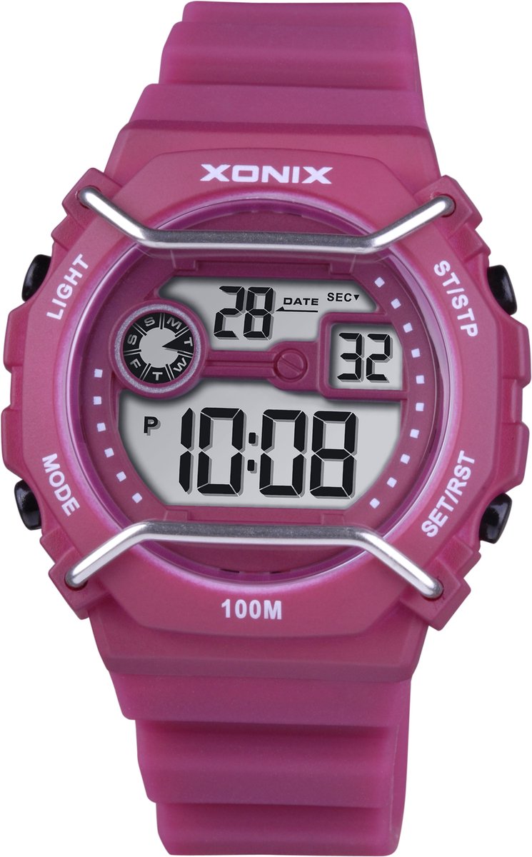 Xonix-dameshorloge-digitaal-model dbc-001-stopwatch-2 e tijdzone-12-24 uurs-alarm-licht-datum-100 meter waterdicht-paars-wijnrood