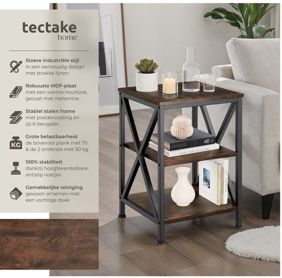 tectake® Bijzettafel met 2 niveaus van hout, nachtkastje in industrieel design, 38,5 x 30 x 51,5 cm, voor woonkamer, slaapkamer, kantoor, hal, zwart metalen frame (industrieel donkerbruin