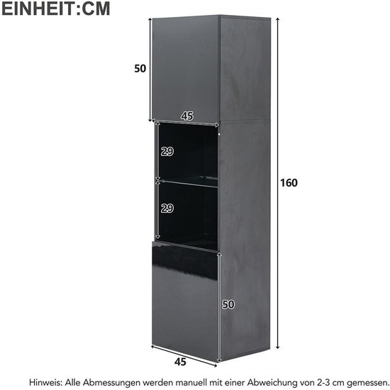 Azkoeesy 200 cm glazen vitrine met ledverlichting en glazen deuren, hoge kast, buffetkast, boekenkast, staande kast, staande vitrine, 80 x 30 x 200 cm