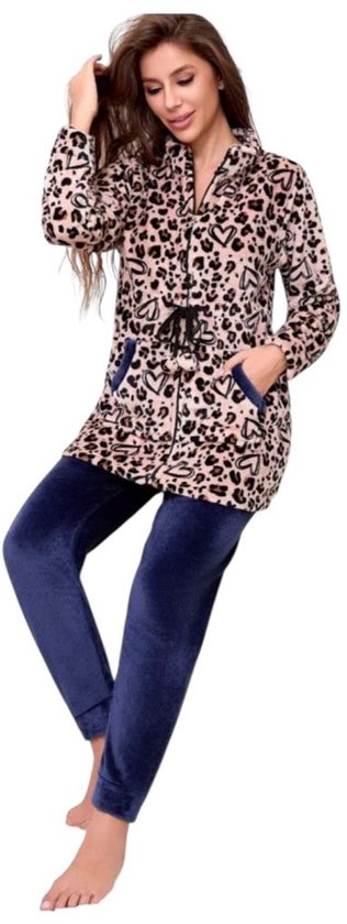 Dames Fleece Huispak met Rits 5434 - XXL (42-44) donkerblauw/zwart/beige