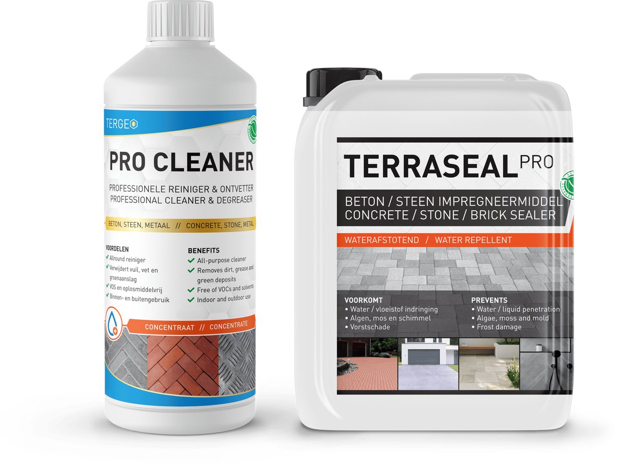 Terras impregneren - Terras impregneermiddel - Tuintegels waterafstotend maken - Nano Coating - Terraseal Pro 2.5L / 15m² + ULTRA STRONG Groene Aanslagreiniger, Betonreiniger 1L
