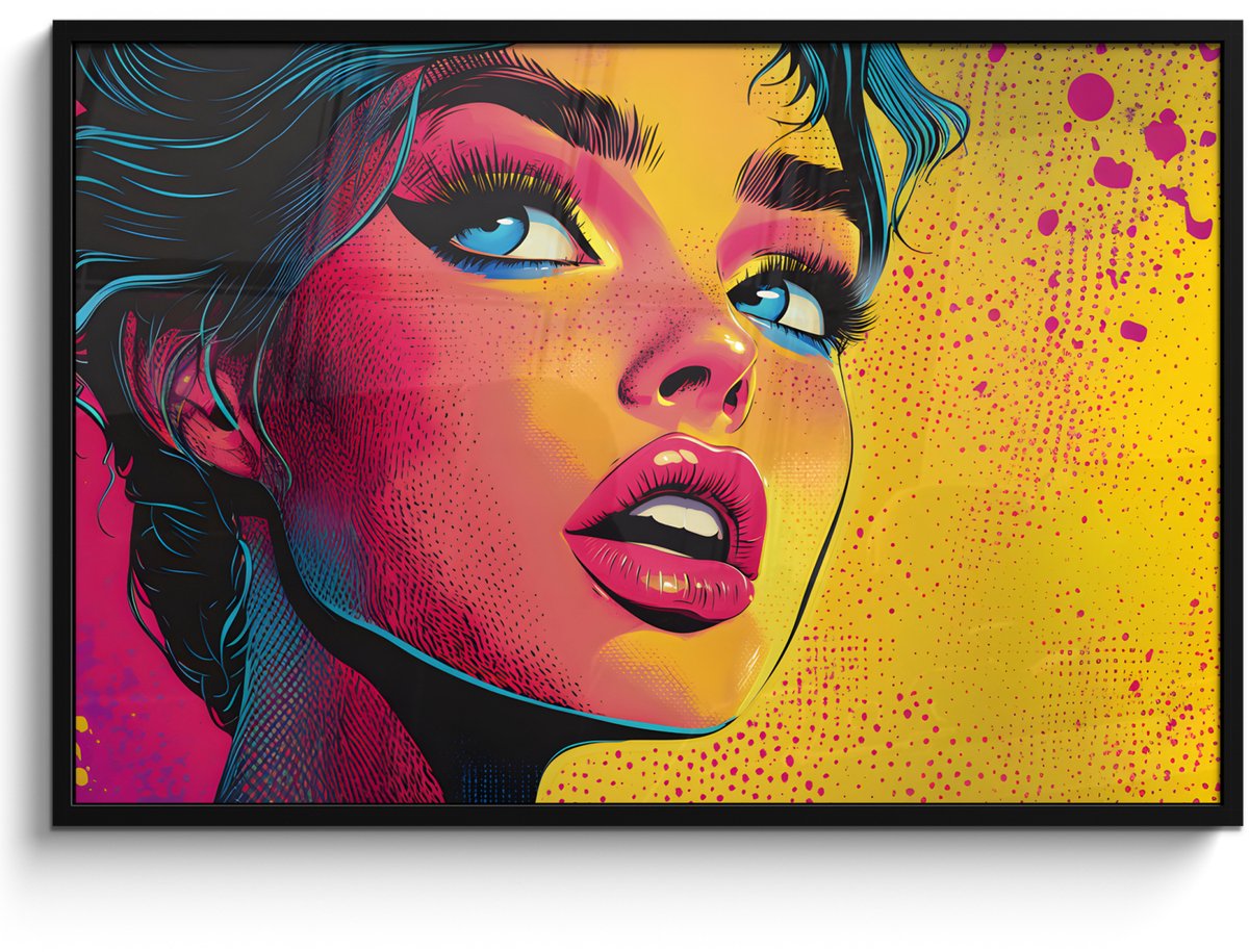 FrameYourWall Poster in lijst - Fotolijst 120x80 cm - Posters - Close-up - Vrouwengezicht - Stippen - Geel - Posterlijst zwart - Decoratie - Wanddecoratie woonkamer - Muurdecoratie slaapkamer Gezicht - Vrouw