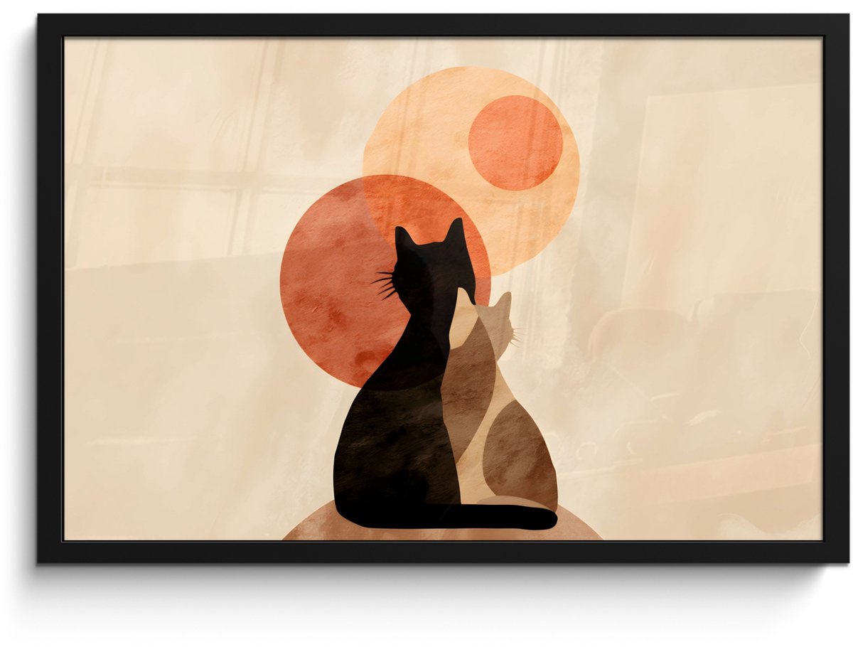 FrameYourWall Poster in lijst - Fotolijst 60x40 cm - Posters - Katten - Zwart - Abstract - Cirkels - Posterlijst zwart - Decoratie - Wanddecoratie woonkamer - Muurdecoratie slaapkamer Katten - Abstract
