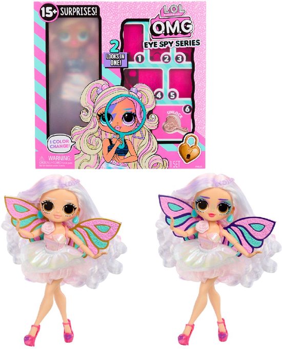 Verpakking van L.O.L. Surprise! OMG Eye Spy Series met twee poppen met vlindervleugels.