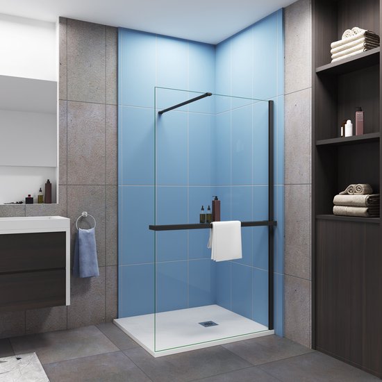 Moderne inloopdouche 100x200cm-8mm easy clean glas met planchet-N-stabilisatiestang 90cm-Snijbaar-Mat zwart