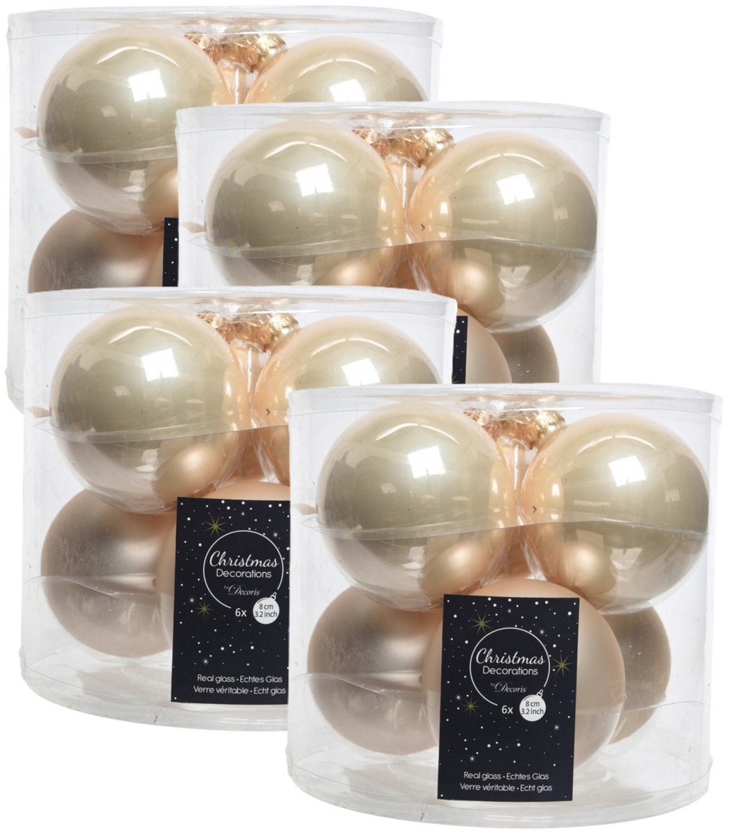 Decoris Licht parel/champagne glazen kerstballen - 24x - 8 cm - glans en mat - Glans/glanzende - Kerstboomversiering licht parel/champagne