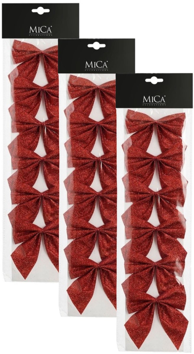 Mica Decorations Kerst ornamenten strikken - 24x st - rood met glitters - 10 x 12 cm - kerstboomstrikjes - kerstversiering