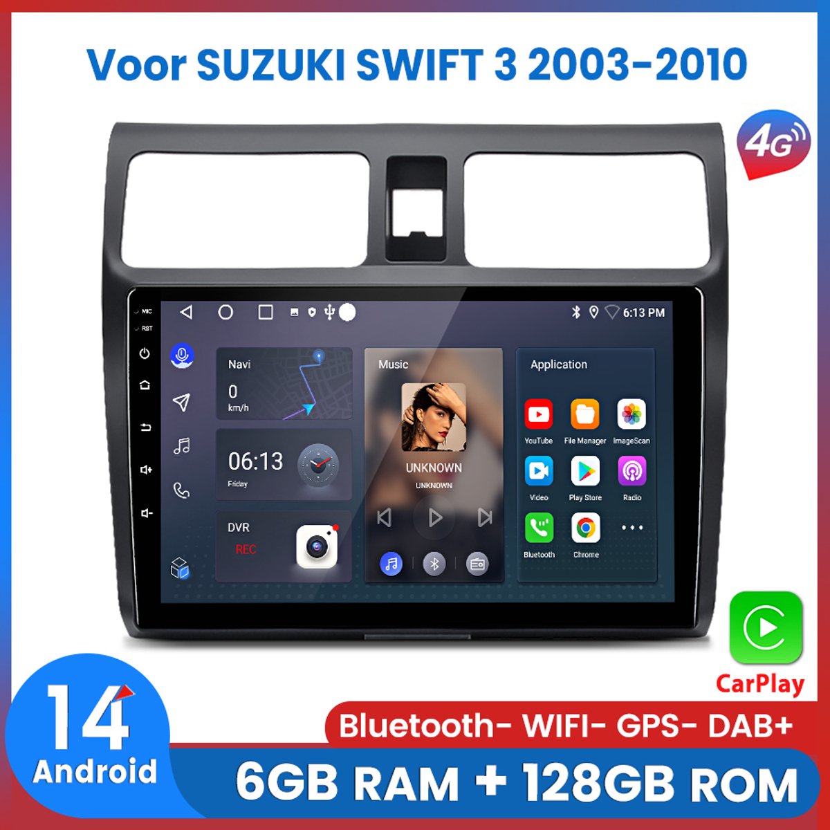 Awesafe 6+128GB Android14 Carplay Autoradio - 8 Kern V1PRO - Geschikt Voor SUZUKI SWIFT 3 2003-2010 - Draadloze Carplay Android Auto - Touchscreen - GPS Navigatie 4G WiFi - Bluetooth Radio - 2003 2004 2005 2006 2007 2008 2009 2010