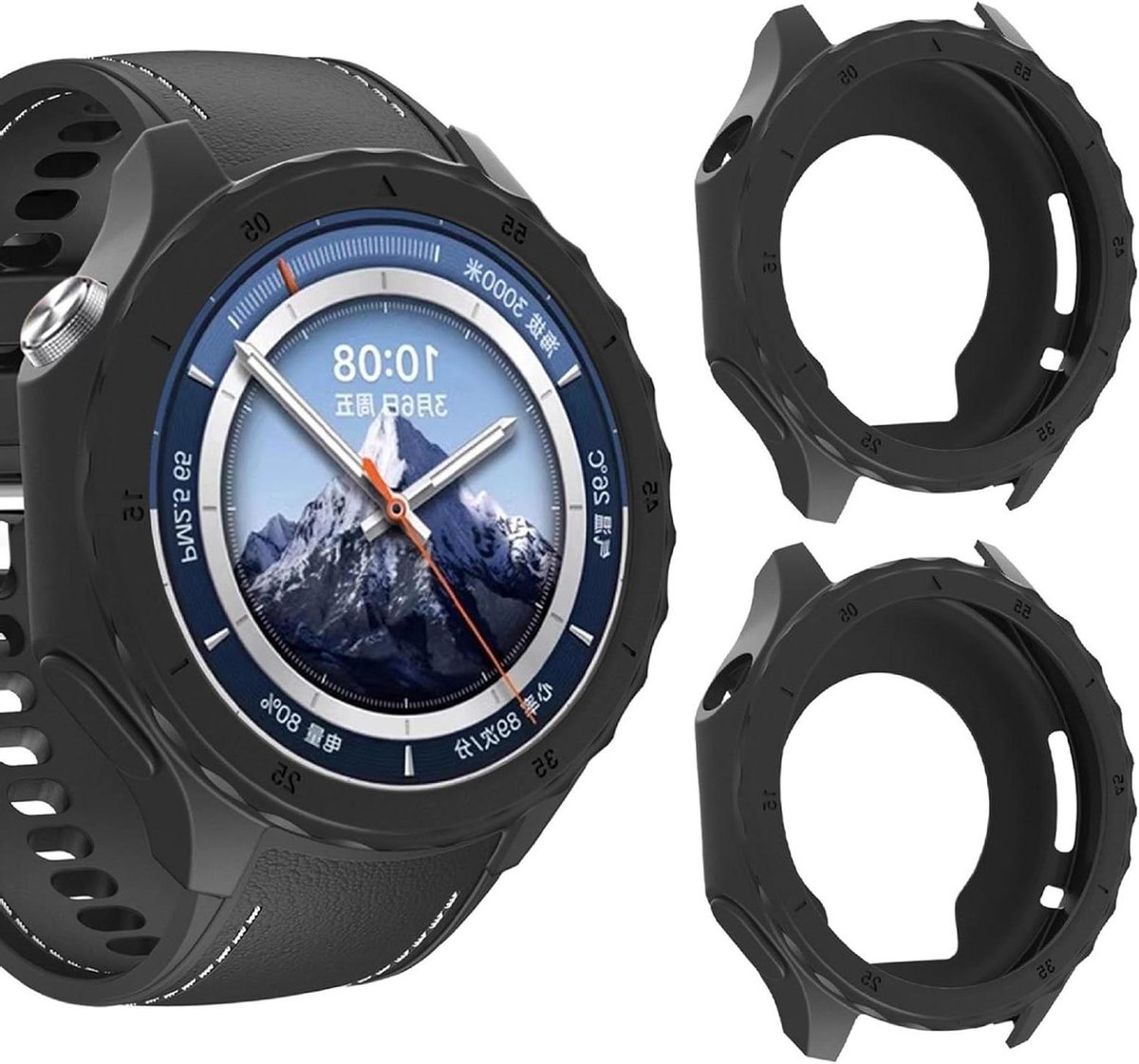 Ronde horlogekast beschermhoes, 2-pack zacht TPU siliconen, schokbestendig in het zwart - geschikt voor smartwatches met een ronde vorm