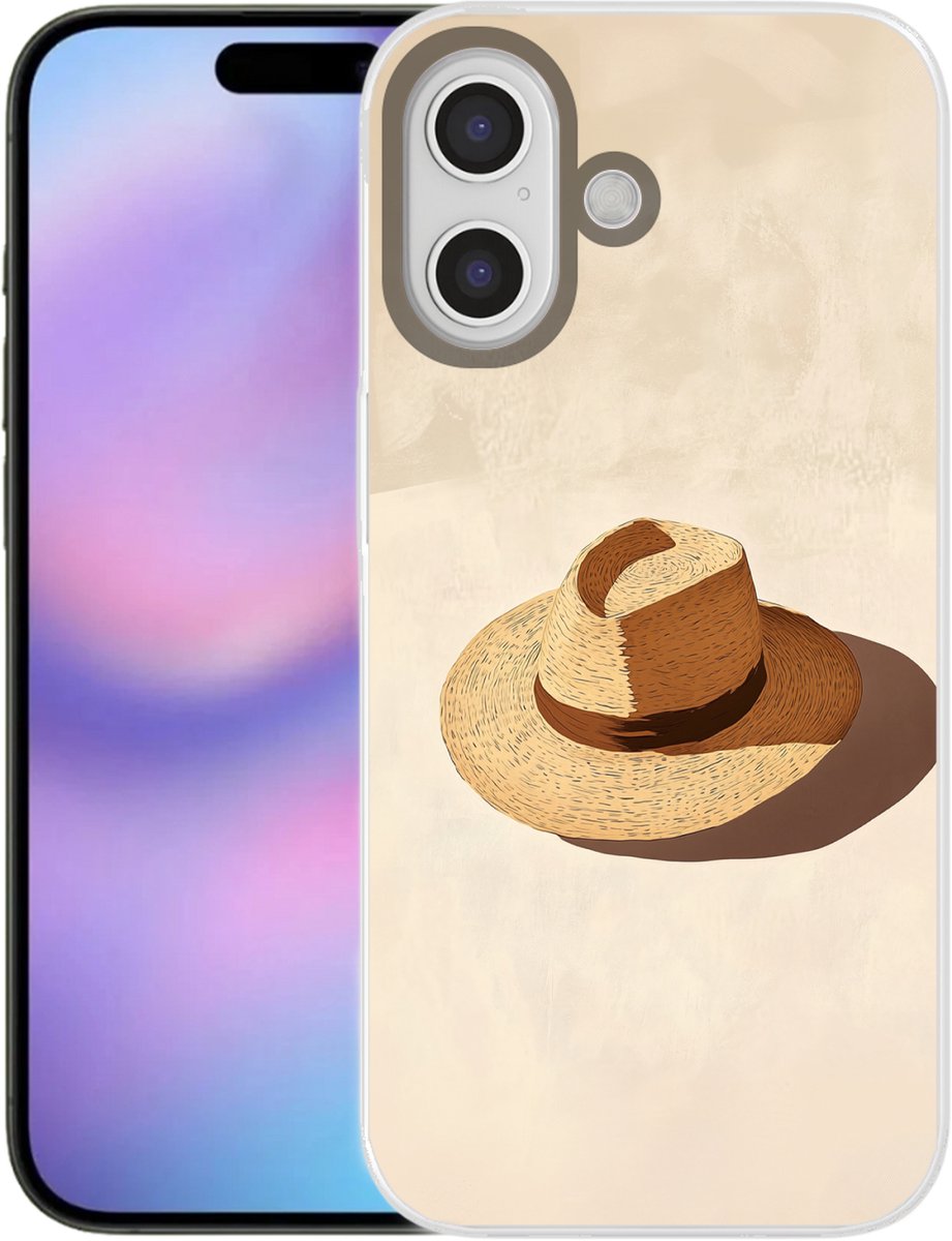 Telefoonhoesje Geschikt voor iPhone 17 hoesje - Hoed - Minimalistisch - Schaduw - Beige - Siliconen Telefoonhoesje Telefoonhoesje