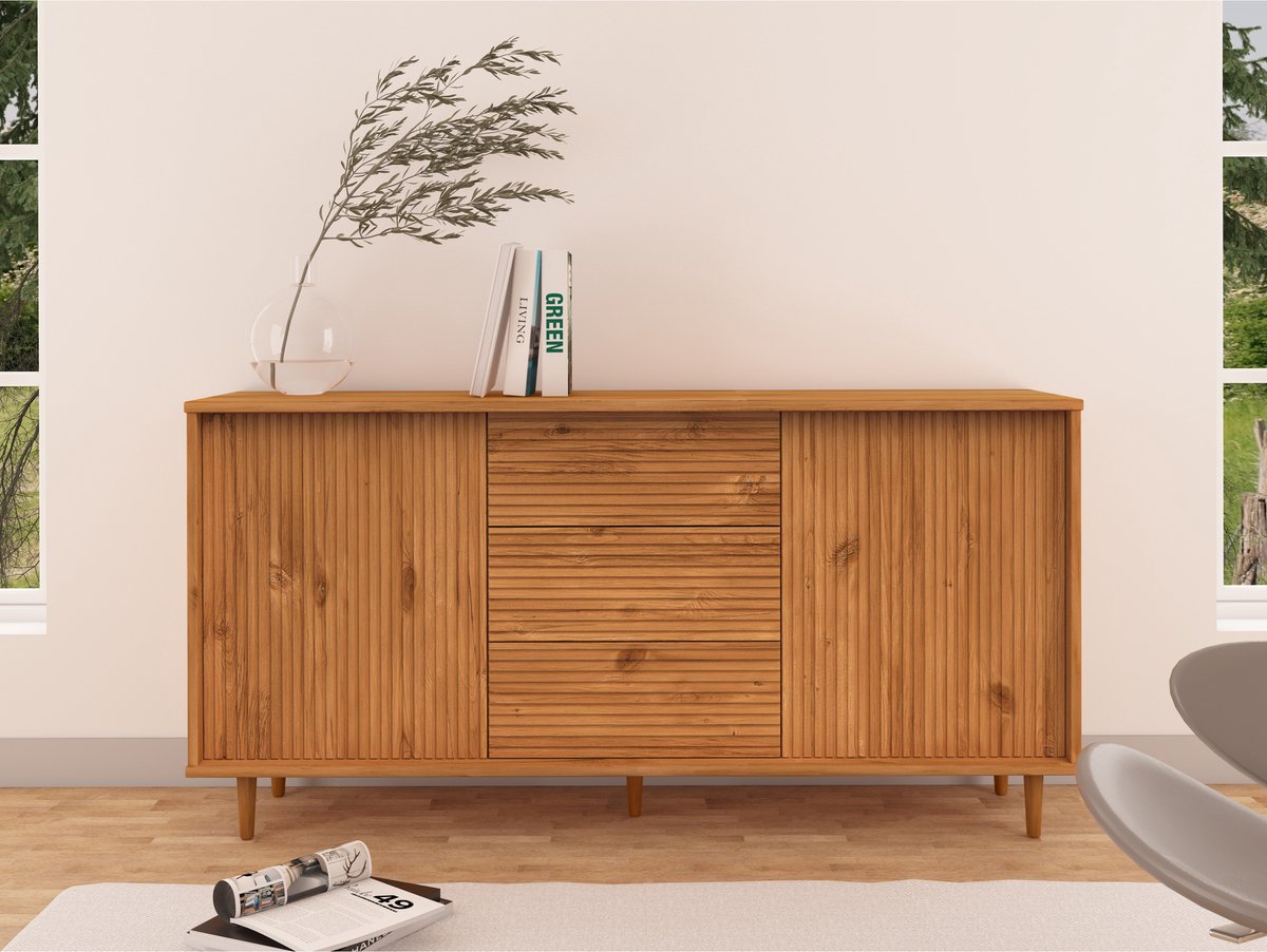 Notio Living Jerzy Dressoir met 2 Deuren, 3 Lades en Push-to-Open - 160 cm - Grenen Gebeitst Bruin