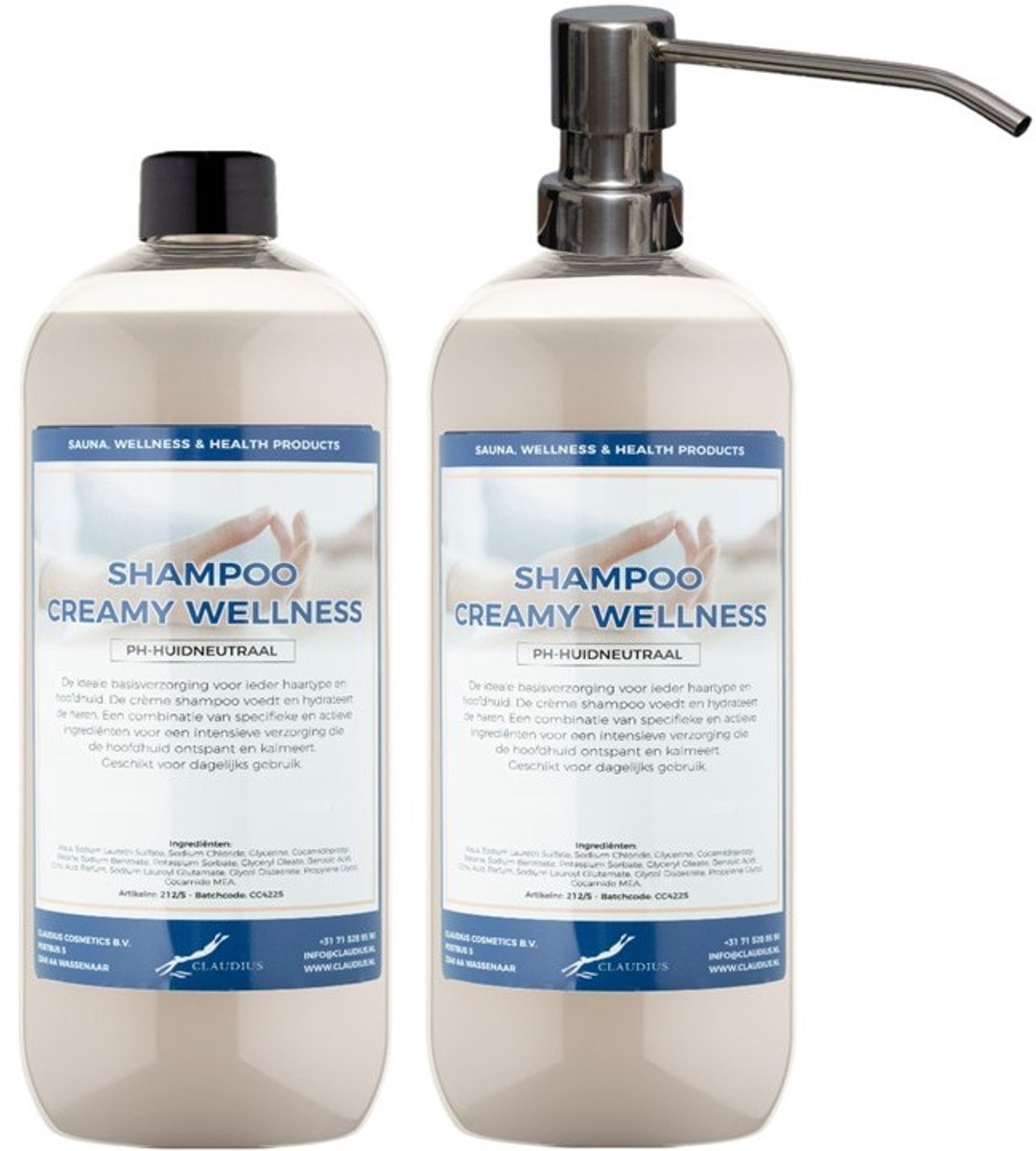 Shampoo Creamy Wellness - 1 liter (transparant) - 2 stuks - met zilveren pomp - Voordeelverpakking - Haarverzorging