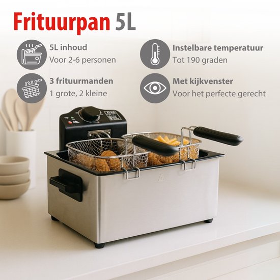 alpina Frituurpan 5 Liter - Dubbele Friteuse met 3 Frituurmanden - Frituur met Instelbare Temperatuur tot 190 °C - Frietpan 2000W - met Kijkvenster - RVS