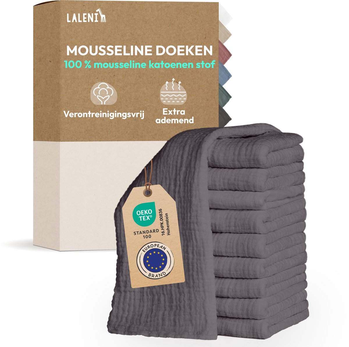 Laleni Hydrofiele Doeken - 100% Katoen - Mousseline - 70x70cm - Antraciet - Set van 30