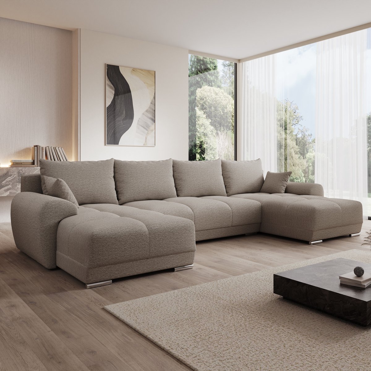 Meubella - Hoekbank Layana U - Beige - Stof - Universeel