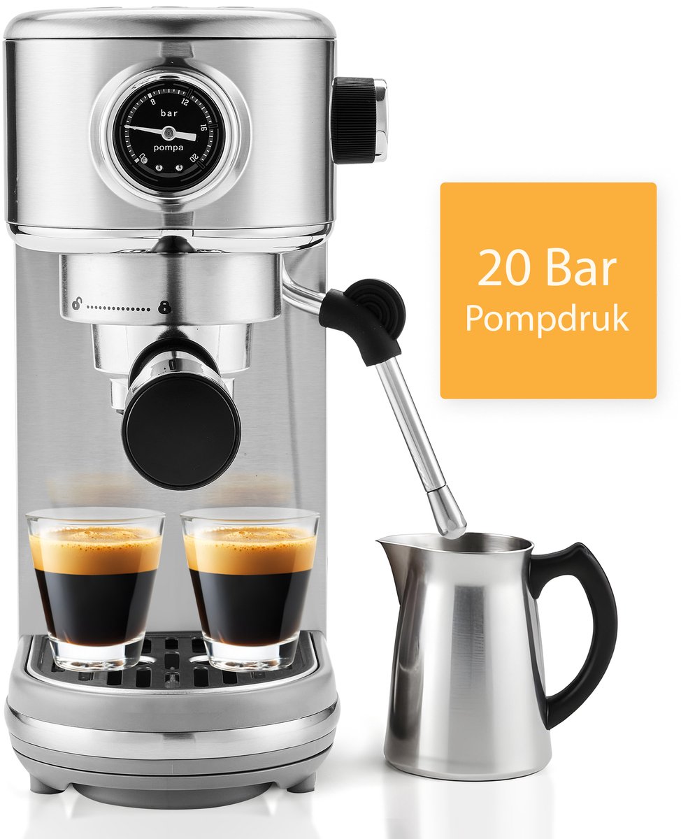 KitchenLove Pistonmachine - RVS Espressomachine - 20 Bar - Handmatig - Met Stoompijpje